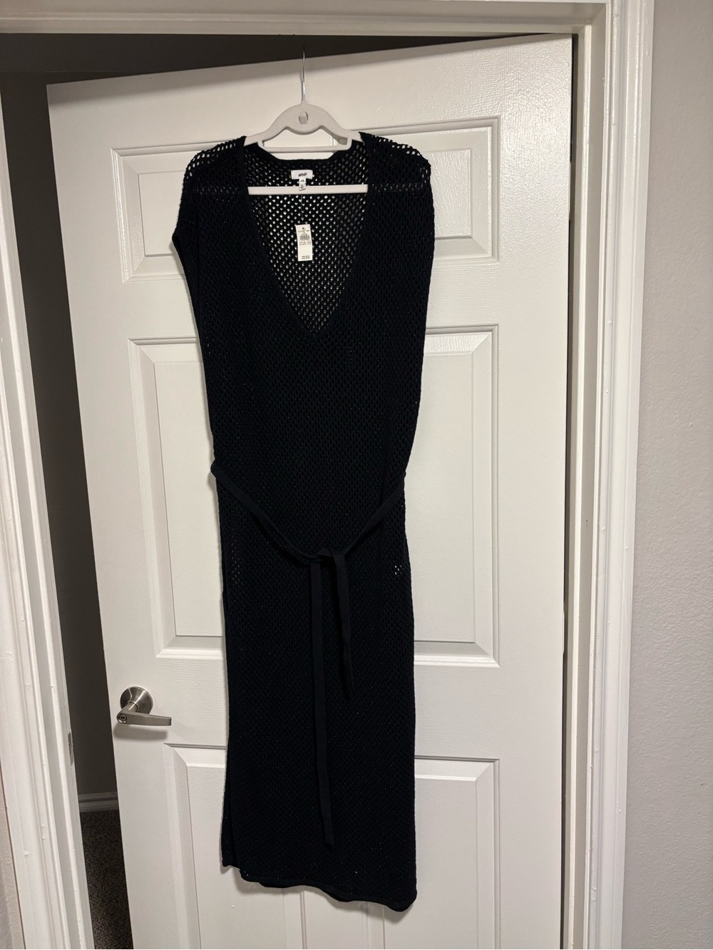 aerie Black Open-Knit V-Neck Swim Cover Up with Waist Tie